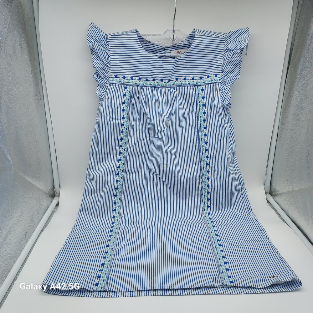 Vineyard Vines Girls Blue White Striped Flutter Sleeve Embroidered Dress Size 10